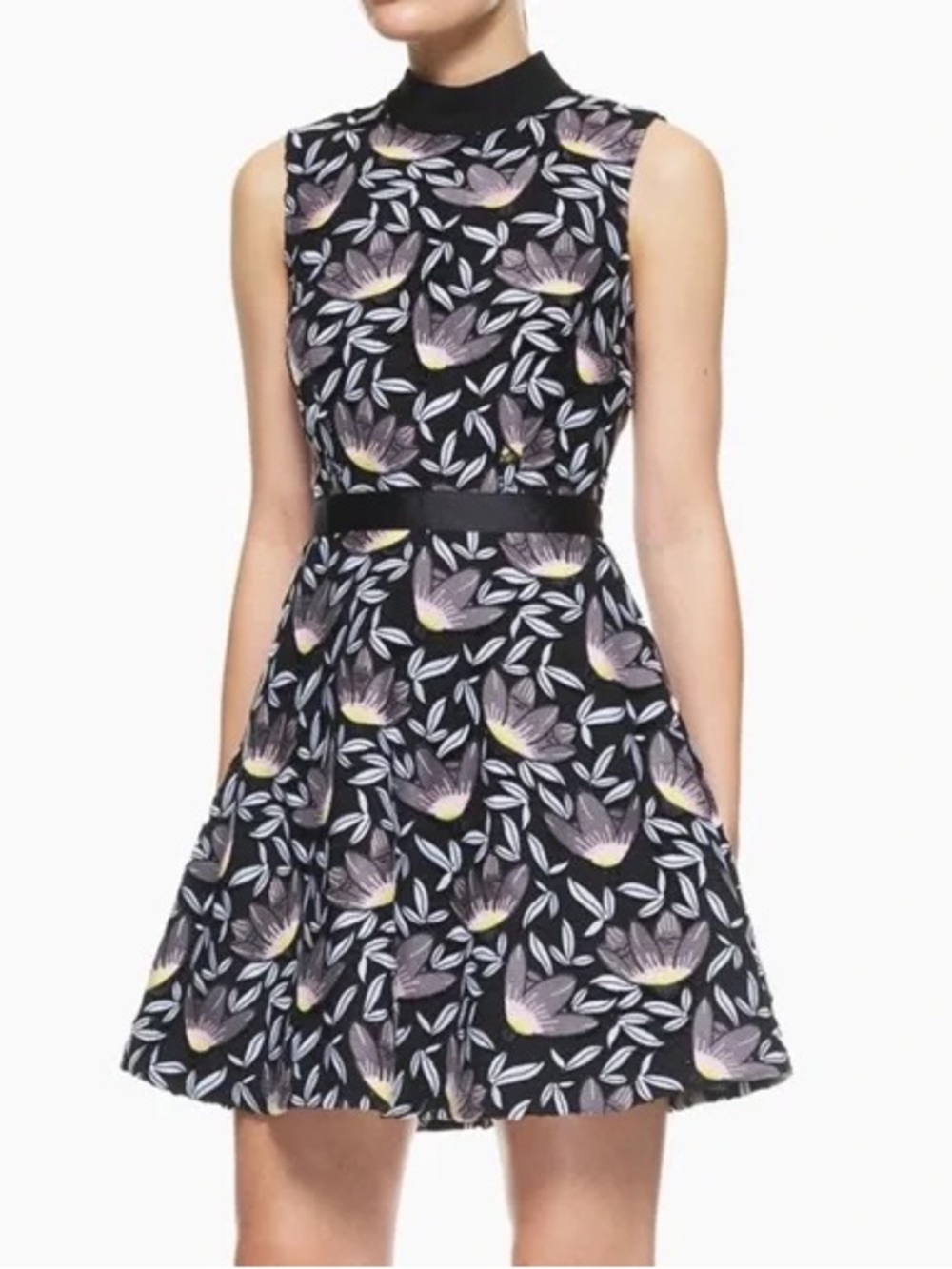 Self-Portrait Black Sleeveless Floral Fit-and-Flare Peony Dress